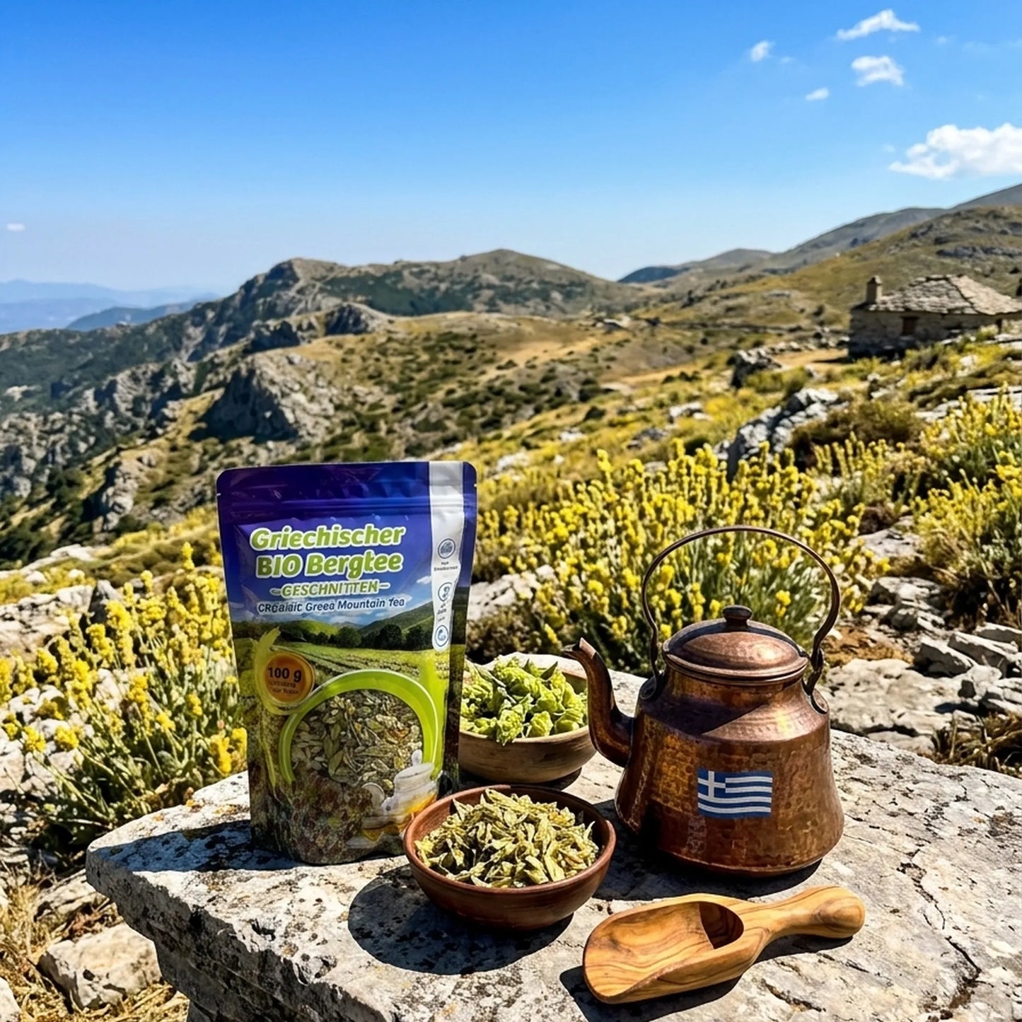 Oligri Bergtee Tüte und Teekanne