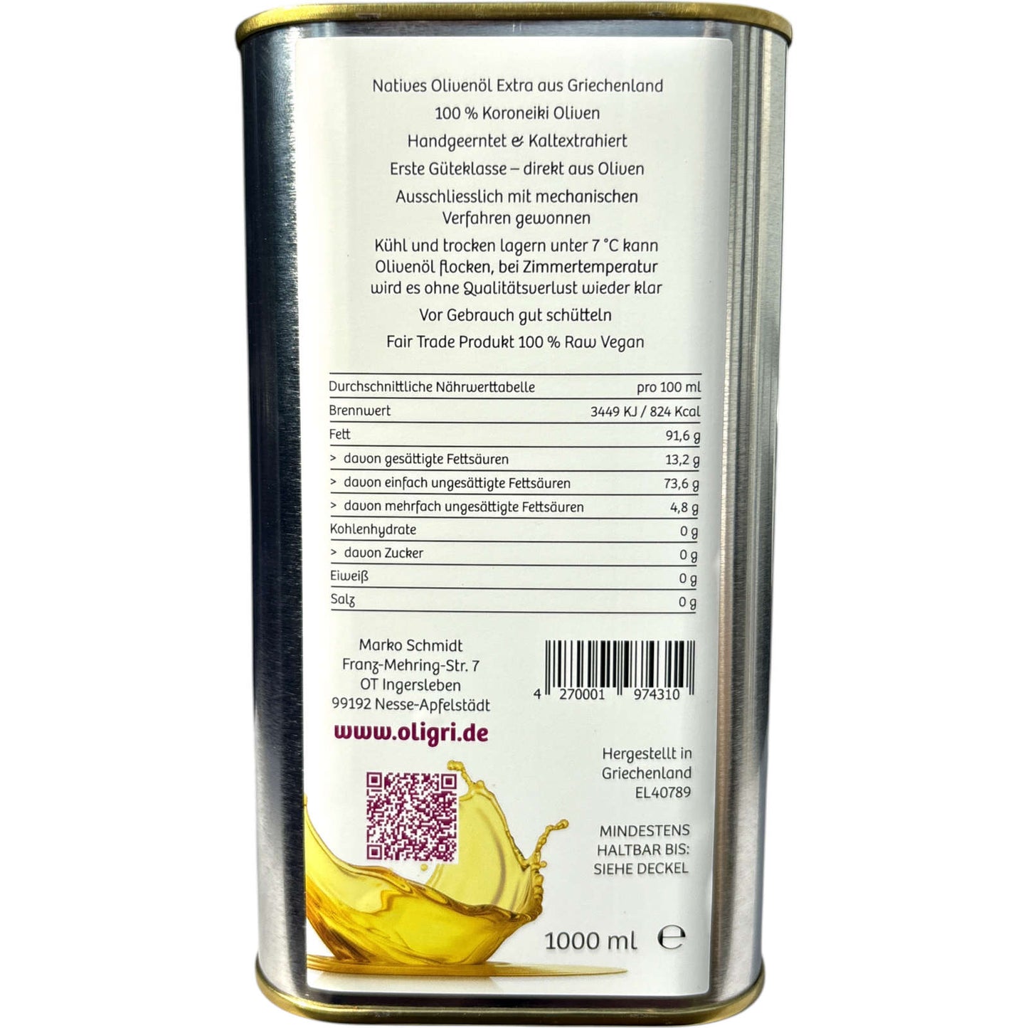 1000 ml Oligri Olivenöl Kanister Rückseite