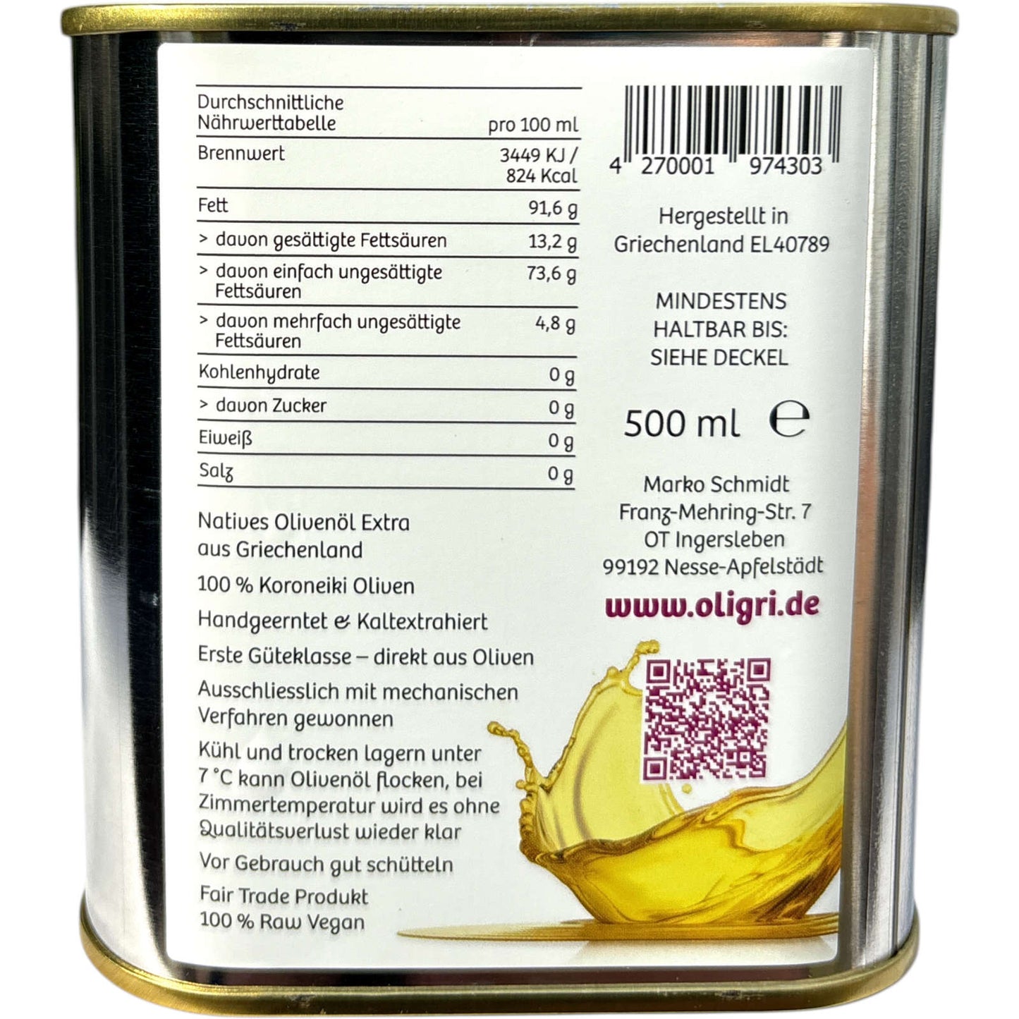 500 ml Oligri Kanister Rückseite