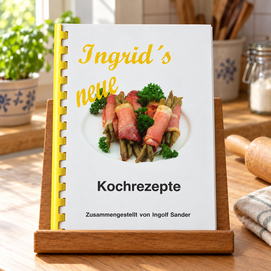 Ingrids neue Kochrezepte auf einem hölzernen Buchständer in einer hellen Küche