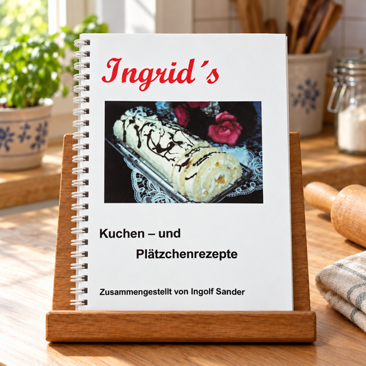 Ingrids Kuchen und Plätzchenrezepte auf einem hölzernen Buchständer in einer hellen Küche