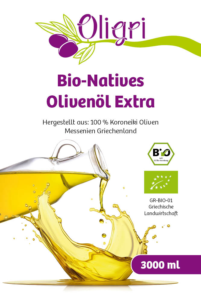 Oligri Griechisches Bio Olivenöl Nativ Extra 100% Koroneiki 3 Liter
