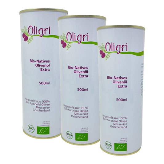 Oligri Griechisches Bio Olivenöl Nativ Extra, Sorte Koroneiki, 3 x 500 ml