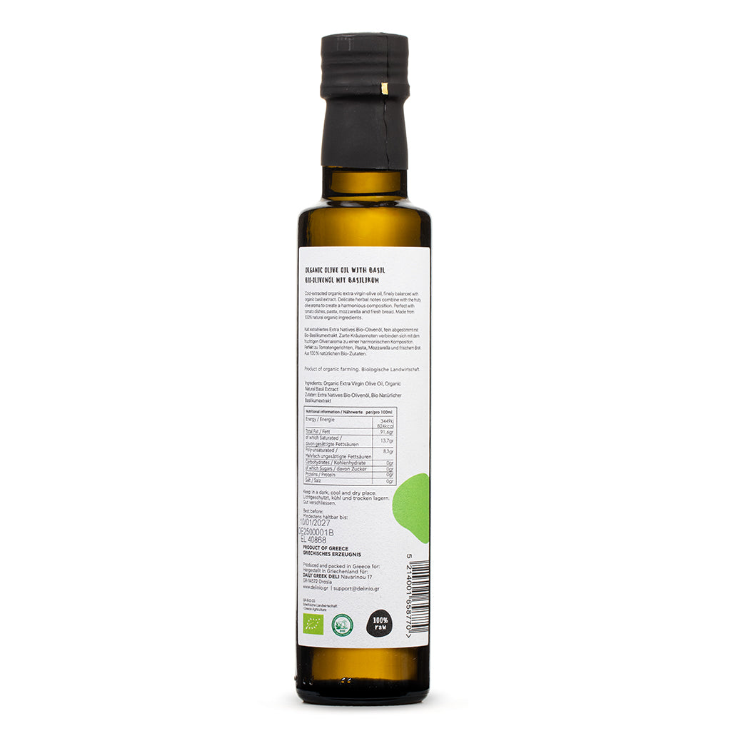 Delinio Bio-Olivenöl mit Basilikum 250ml Nährwertangaben