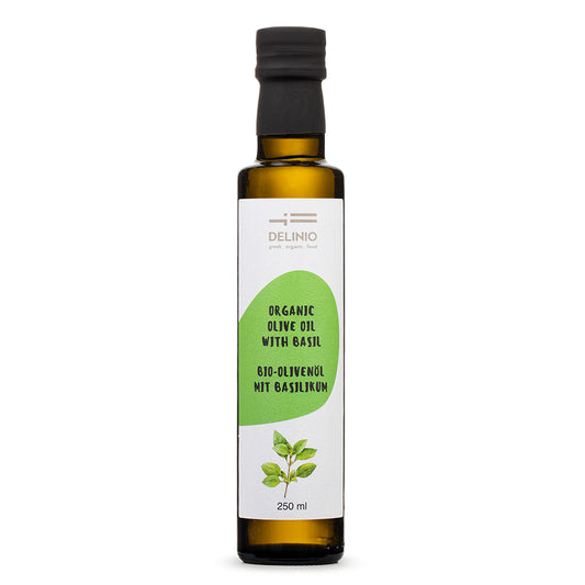 DELINIO Premium Bio-Olivenöl Set – 4 Sorten (Zitrone, Orange, Basilikum, Oregano) | 4×250 ml