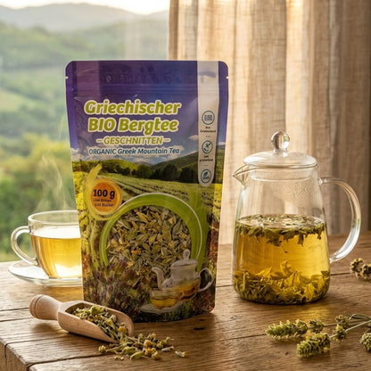 OLIGRI mit Teekanne auf Holztisch