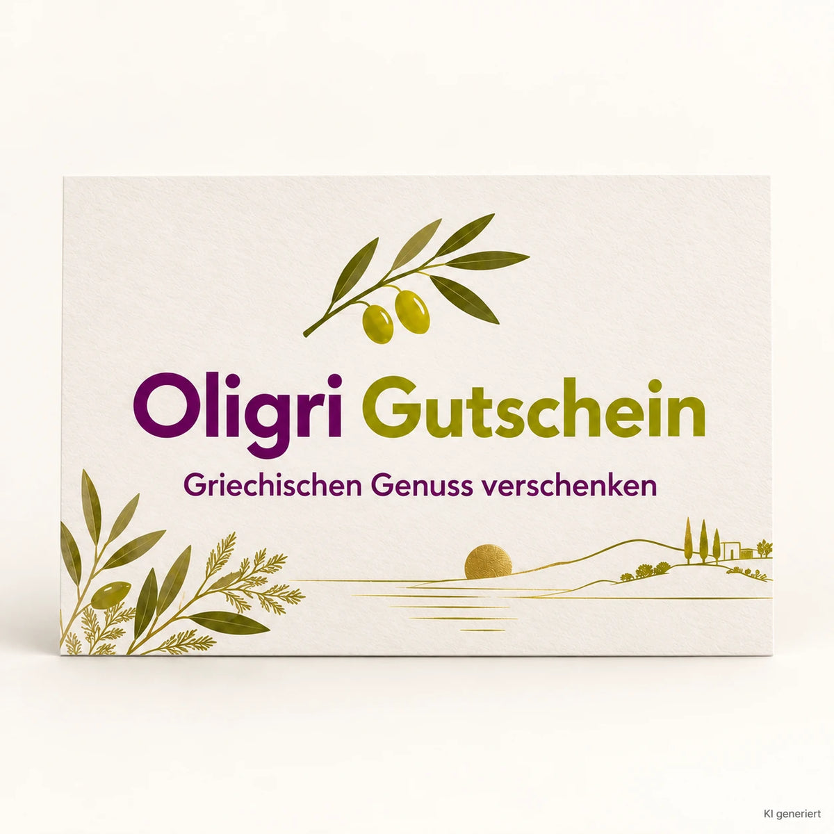 Oligri Geschenkgutschein für griechische Spezialitäten auf hellem Hintergrund