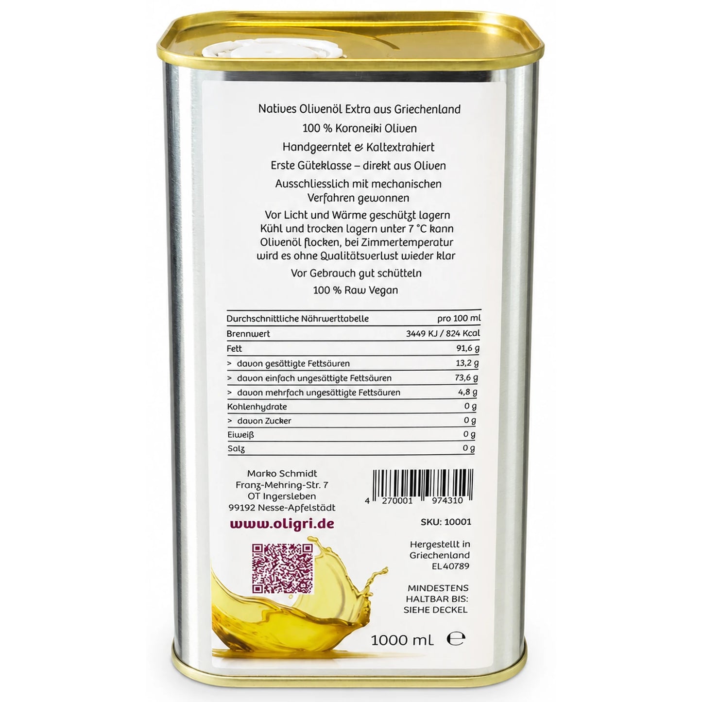Rückseite des Oligri 1000-ml-Olivenölkanisters mit Produktinformationen und Nährwerttabelle