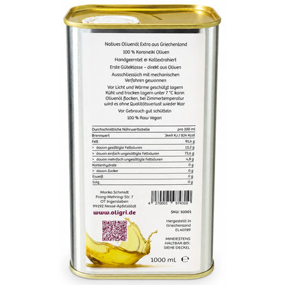 Rückseite des Oligri 1000-ml-Olivenölkanisters mit Produktinformationen und Nährwerttabelle