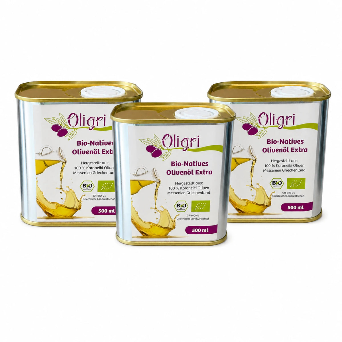 Oligri Bio-Olivenöl 3er-Set mit drei 500-ml-Weißblechkanistern