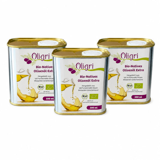 Oligri Bio-Olivenöl 3er-Set mit drei 500-ml-Weißblechkanistern