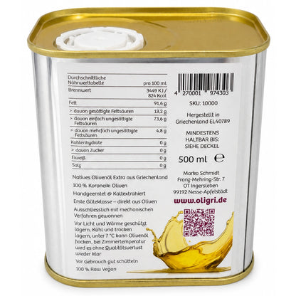 Rückseite des Oligri 500-ml-Olivenölkanisters mit Produktinformationen und Nährwerttabelle