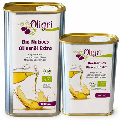 Oligri Vorteilspaket mit 1000-ml- und 500-ml-Bio-Olivenöl im Weißblechkanister