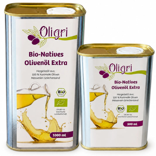 Oligri Vorteilspaket mit 1000-ml- und 500-ml-Bio-Olivenöl im Weißblechkanister