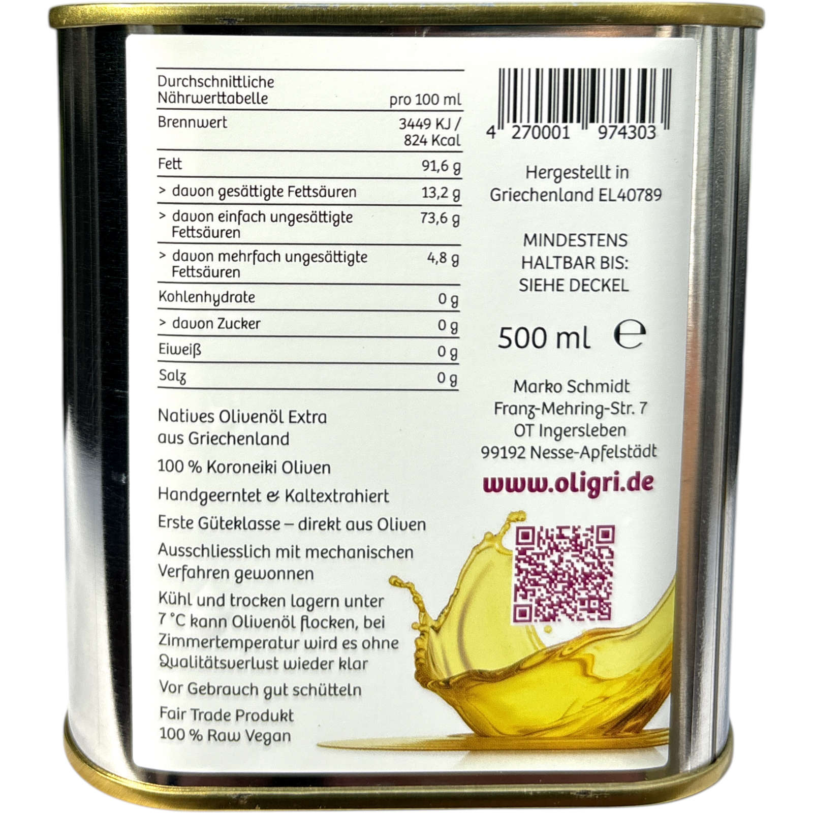 500 ml Oligri Kanister Rückseite