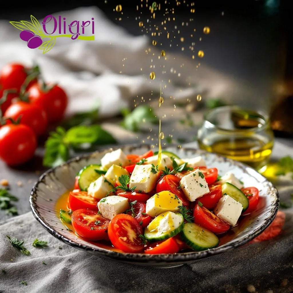 Oligri Bio Olivenöl wird über einen frischen griechischen Salat mit Tomaten, Gurken und Feta geträufelt
