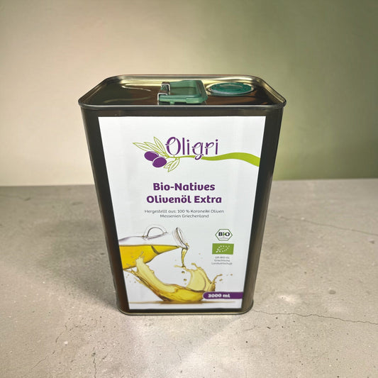 Oligri Bio Koroneiki Olivenöl Nativ Extra im 3 Liter Weißblech-Kanister aus Griechenland