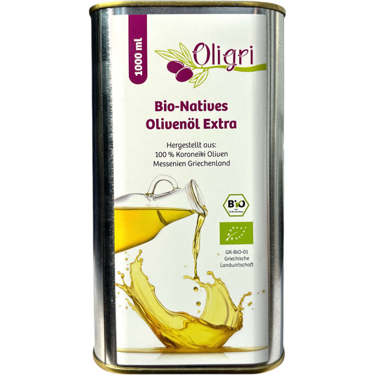 Oligri Bio Koroneiki Olivenöl Nativ Extra im 1 Liter Weißblech-Kanister aus Griechenland