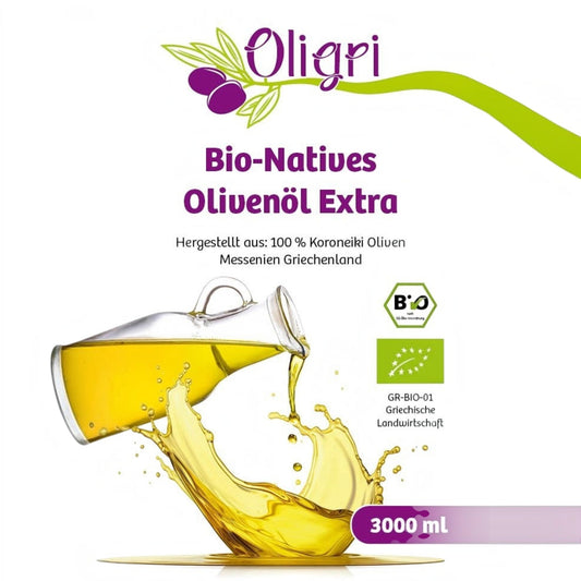 Oligri Bio Olivenöl Nativ Extra aus Koroneiki-Oliven in der 3 Liter Vorratsgröße mit griechischem Qualitätssiegel