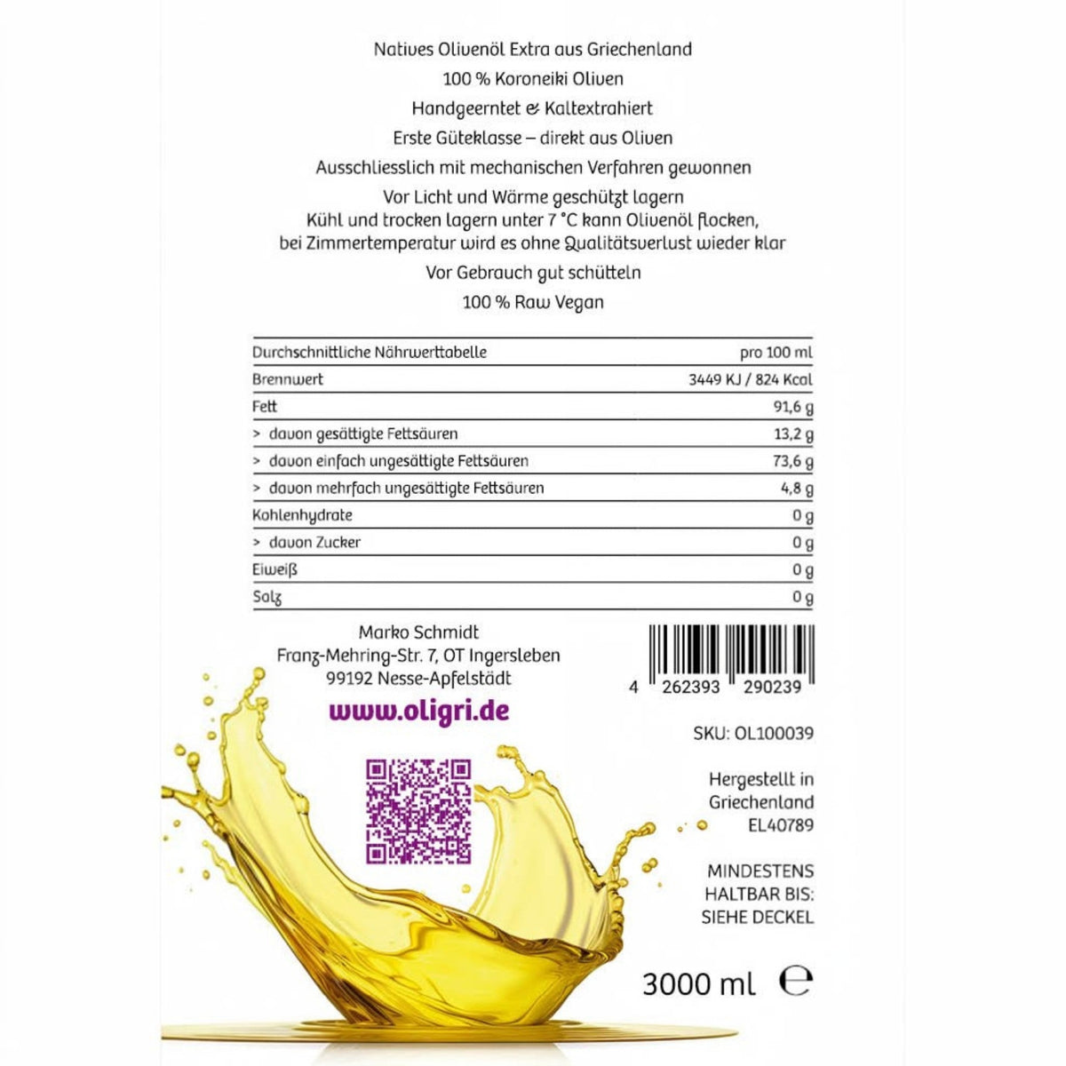 Oligri Bio Olivenöl Nährwerttabelle und Produktinformationen auf dem 3 Liter Kanister Etikett